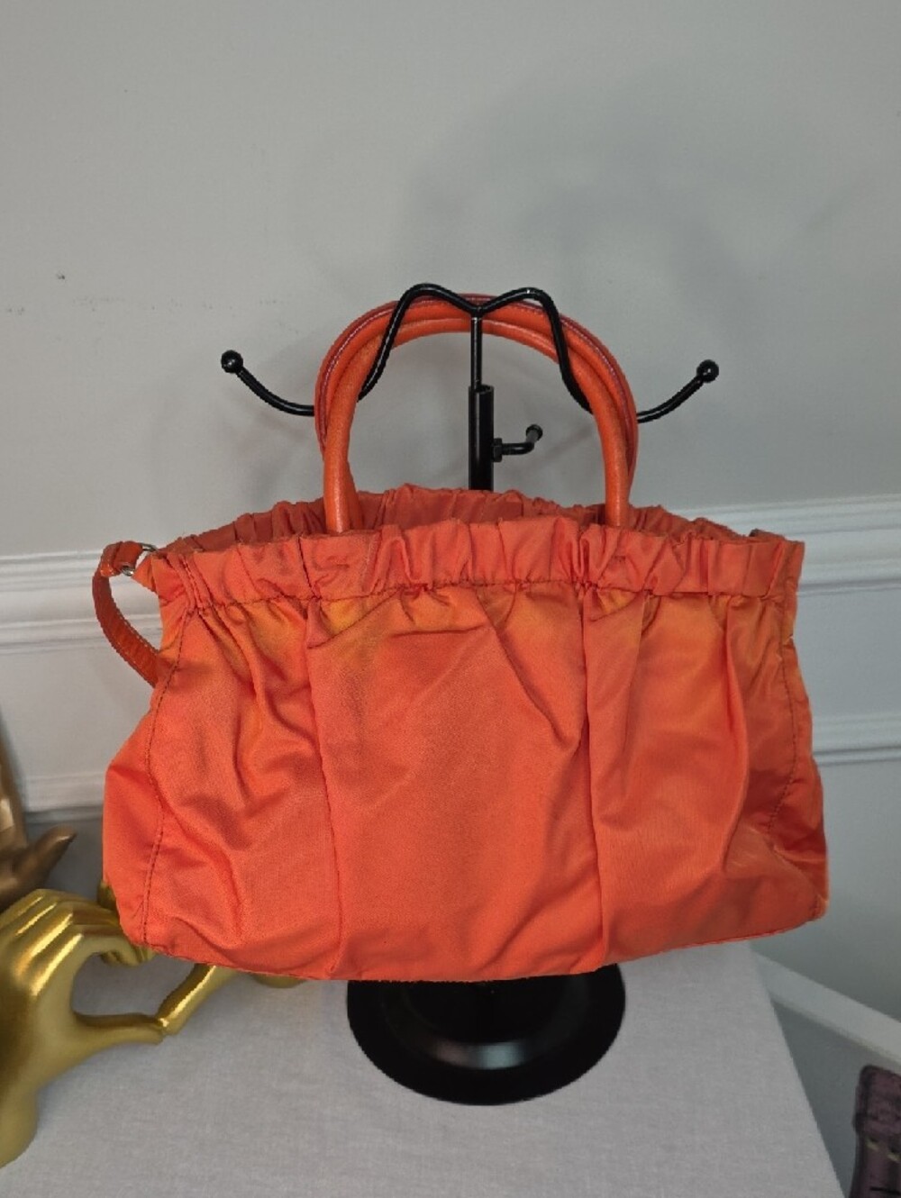 Prada Ruched Nylon Shoulder Bag in Papaya orange - Picture 3 of 12